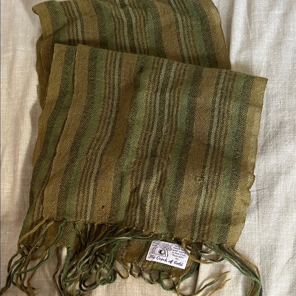 Vintage Irish Hand Dyed Woven wool Green Tones Striped Scarf Fringe Irish Rep